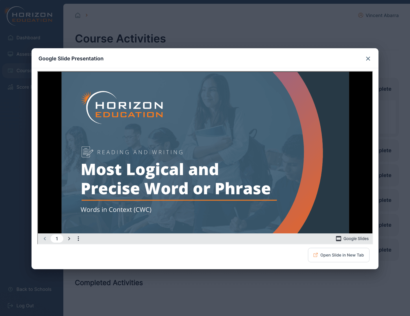 Horizon Education Course Activities with Google Slides presentation modal