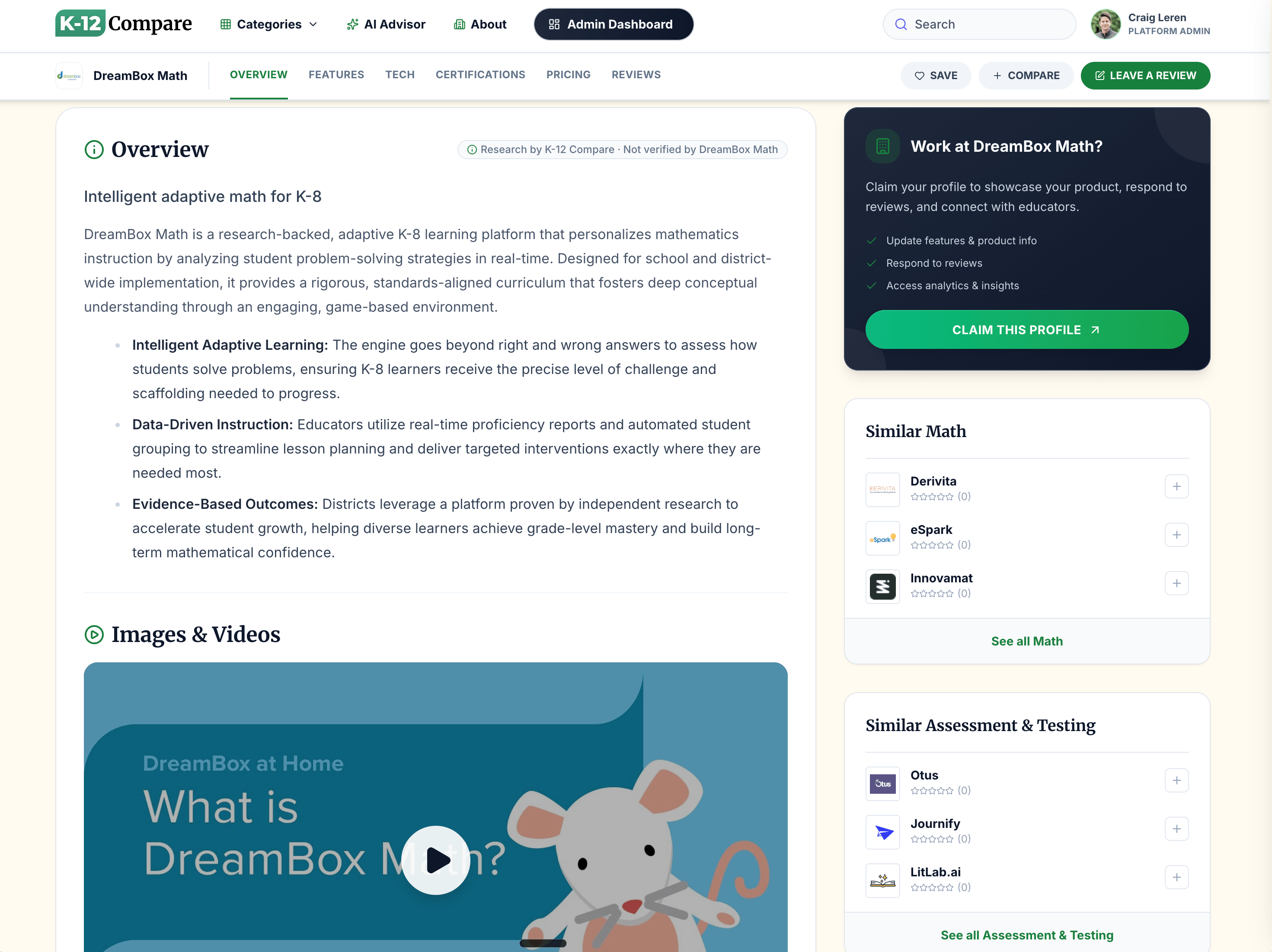 K-12 Compare product profile for DreamBox Math with overview and sidebar