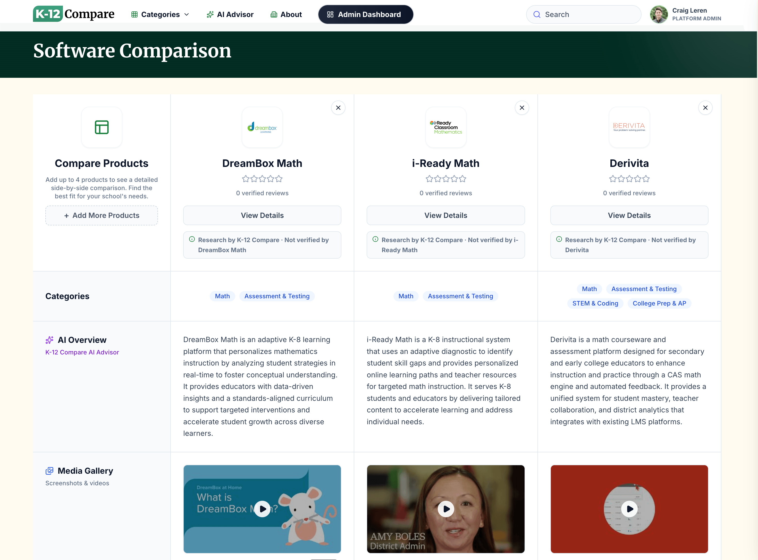 K-12 Compare software comparison: DreamBox, i-Ready, Derivita side by side