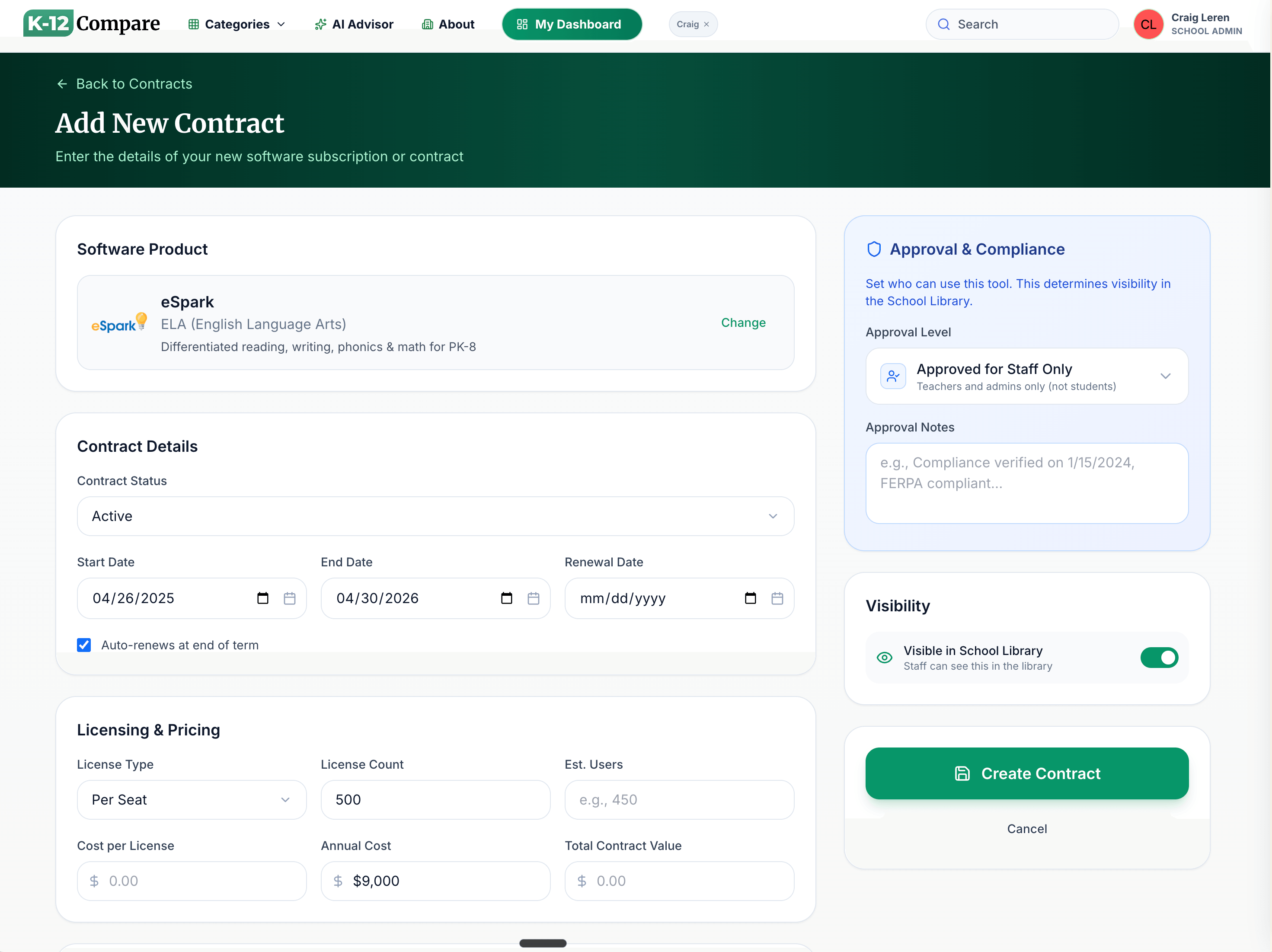 K-12 Compare add new school software contract form