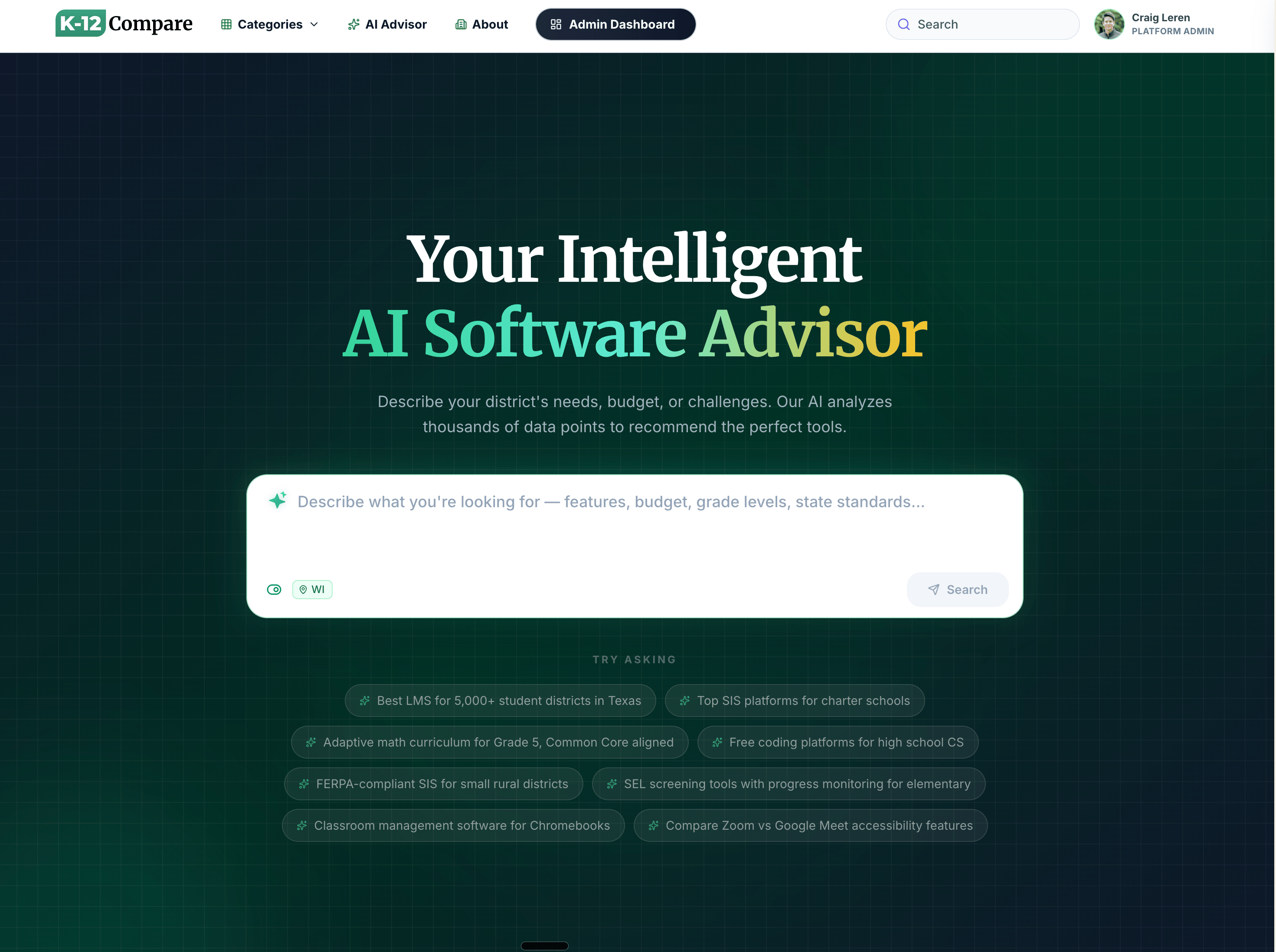 K-12 Compare AI Software Advisor with prompt, try-asking ideas, and search