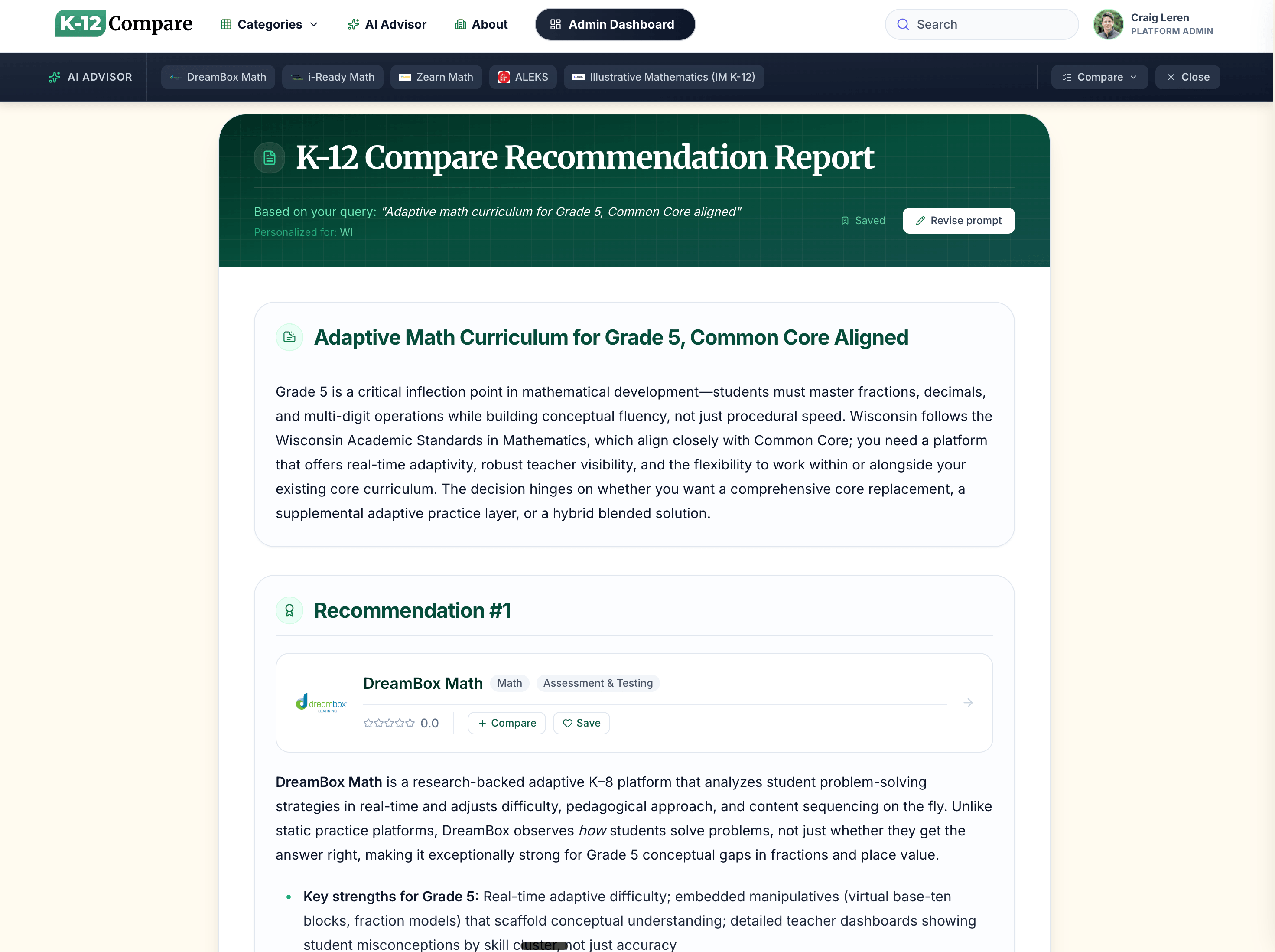 K-12 Compare AI Advisor recommendation report with a product pick and key strengths