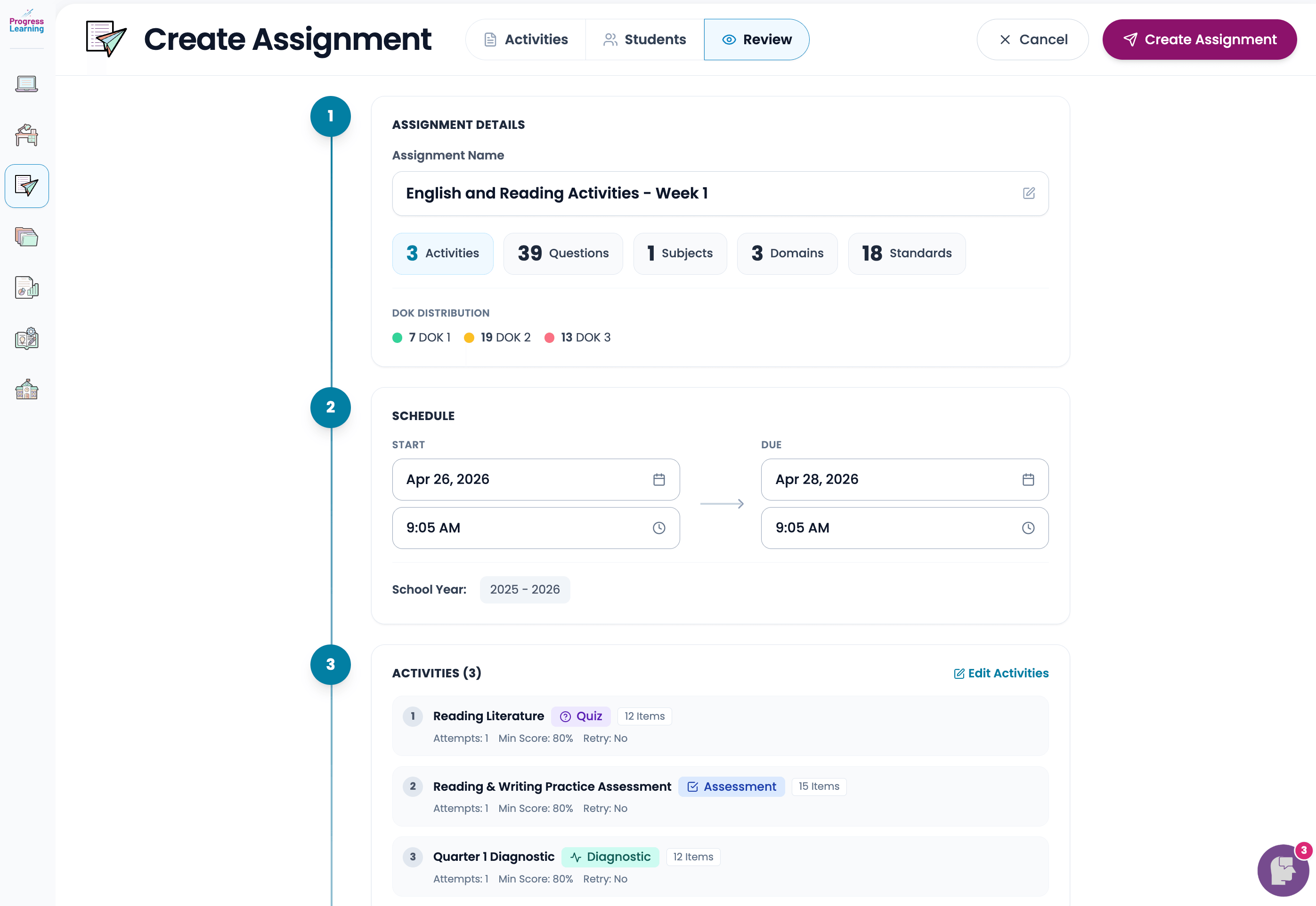 Progress Learning Create Assignment review step: assignment details, schedule, and activity list